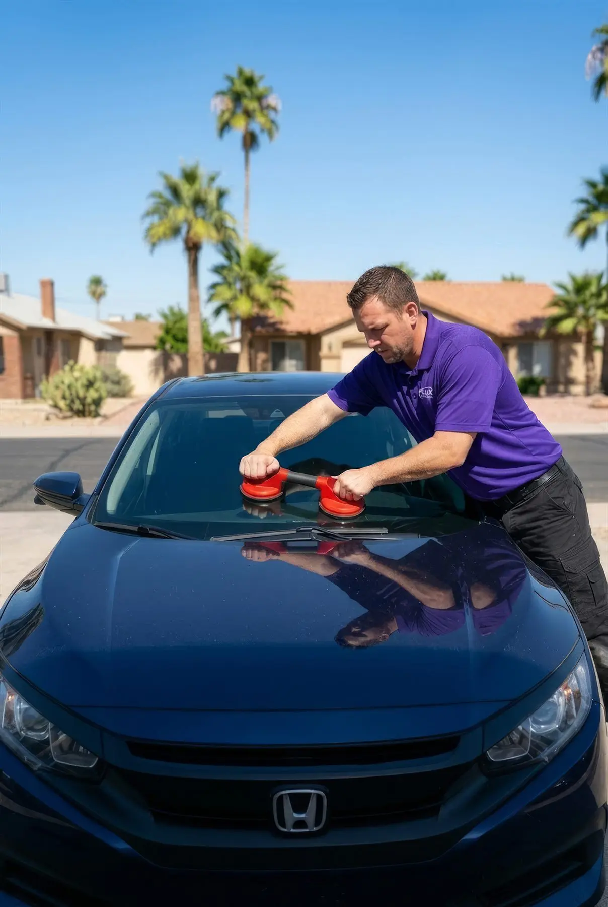 Flux Auto Glass technician installing a new windshield at a customer's home in the Phoenix area